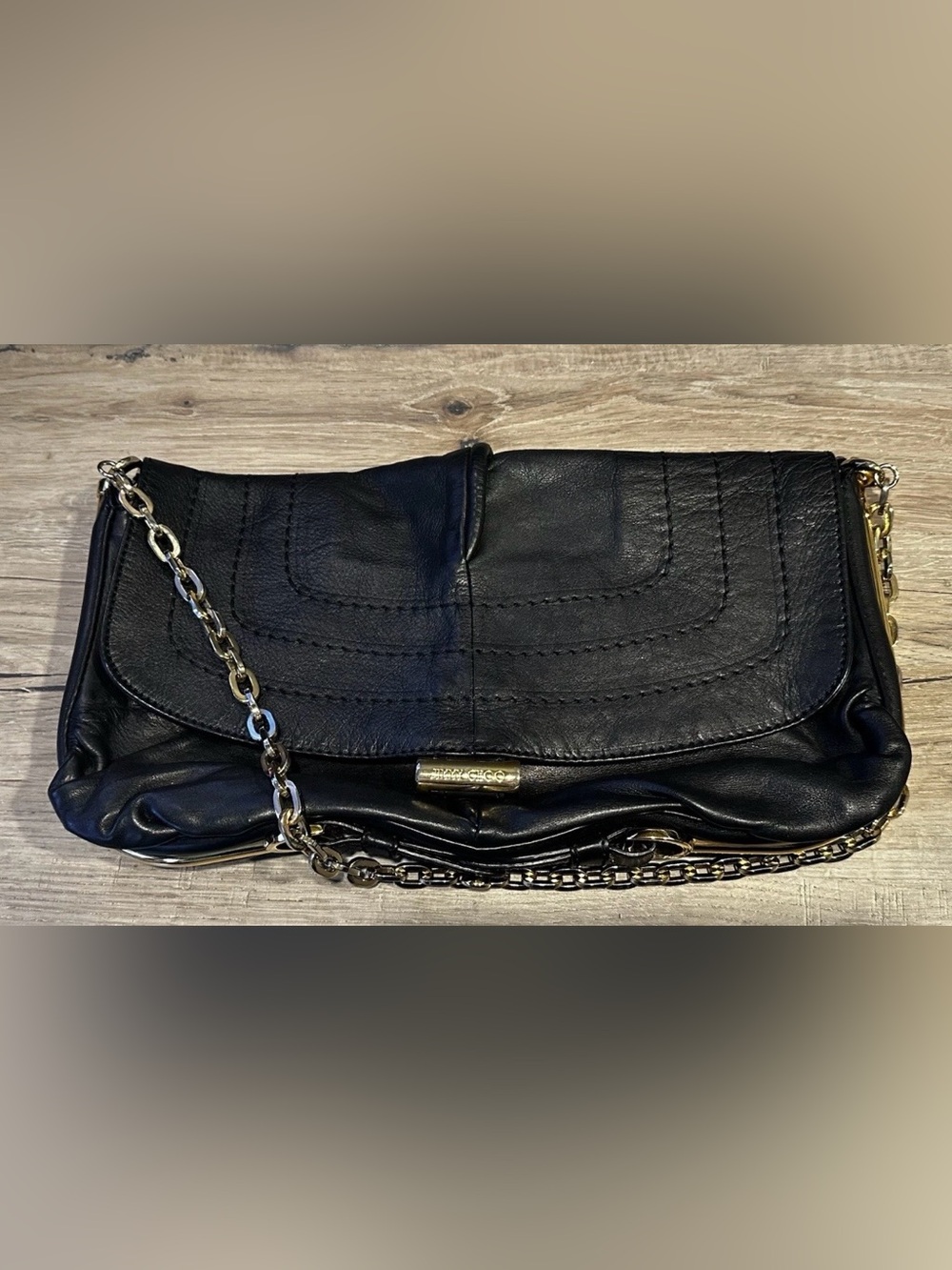 Jimmy Choo Black Leather Chain Shoulder Bag Gold Hardware with COA - Picture 2 of 13